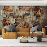 Industrial brick wallpaper creating a stunning accent wall in a modern loft living room with high ceilings