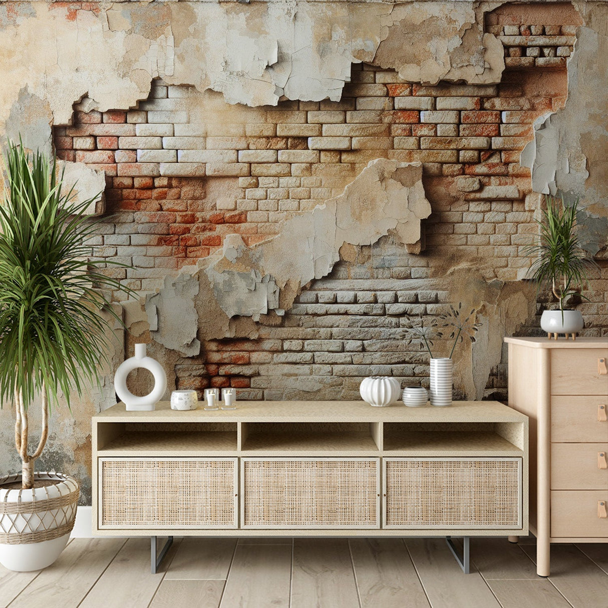 Exposed brick wallpaper creating an urban loft atmosphere in a modern living room with leather furniture and industrial lighting