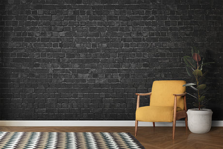 Black brick wallpaper in modern living room creating industrial atmosphere