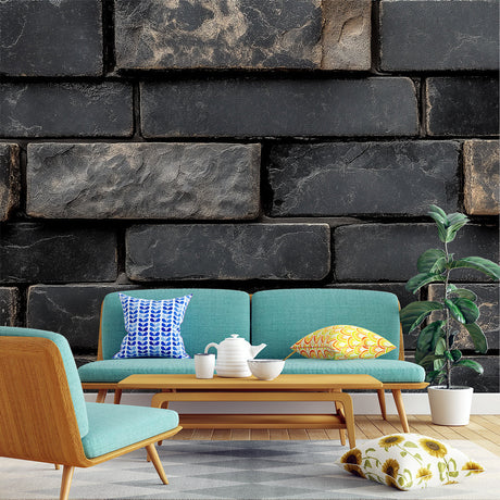 Black brick wallpaper creating modern industrial atmosphere in a stylish living room with high ceiling