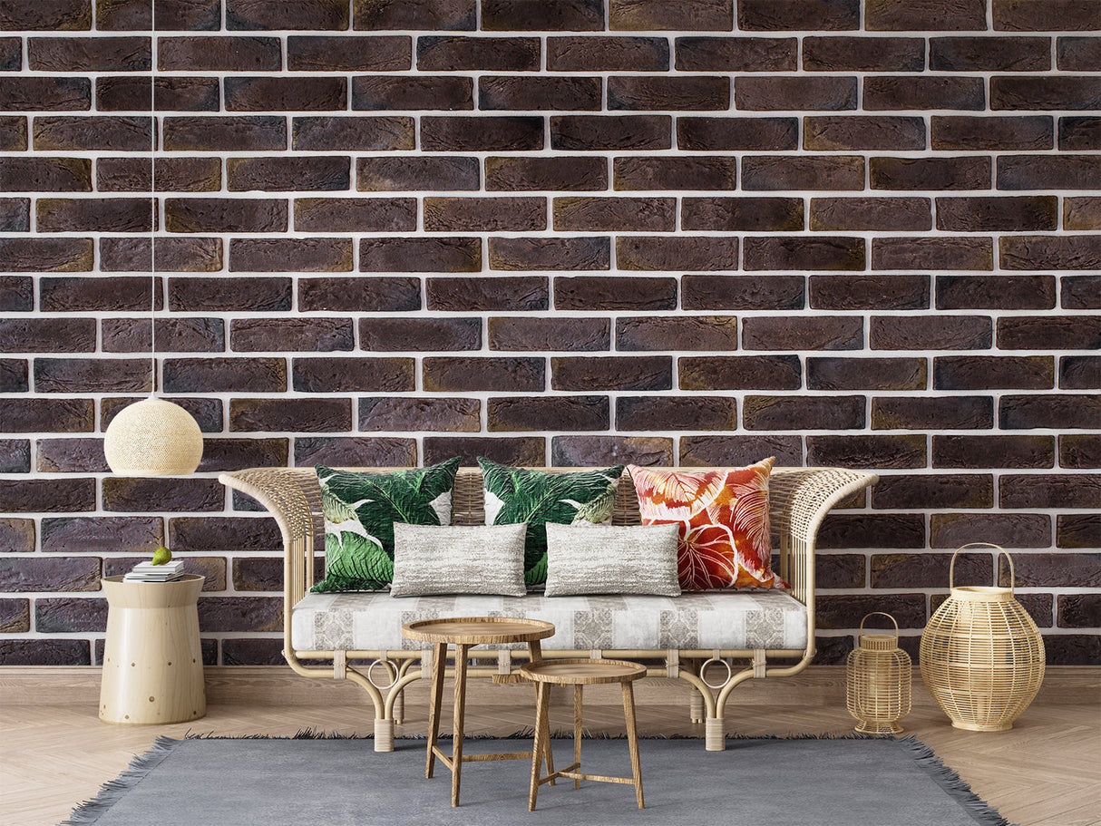 Brown stone effect wallpaper in home office with wooden furniture