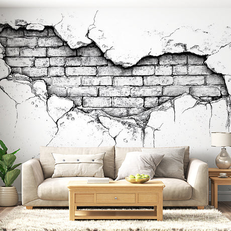 Industrial brick wallpaper mural styled in modern loft living room with high ceilings and minimal furniture