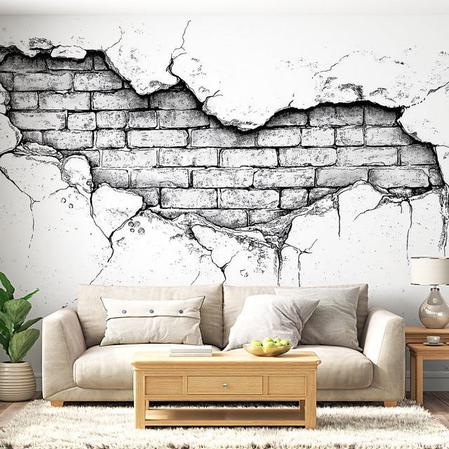 Industrial brick wallpaper mural styled in modern loft living room with high ceilings and minimal furniture