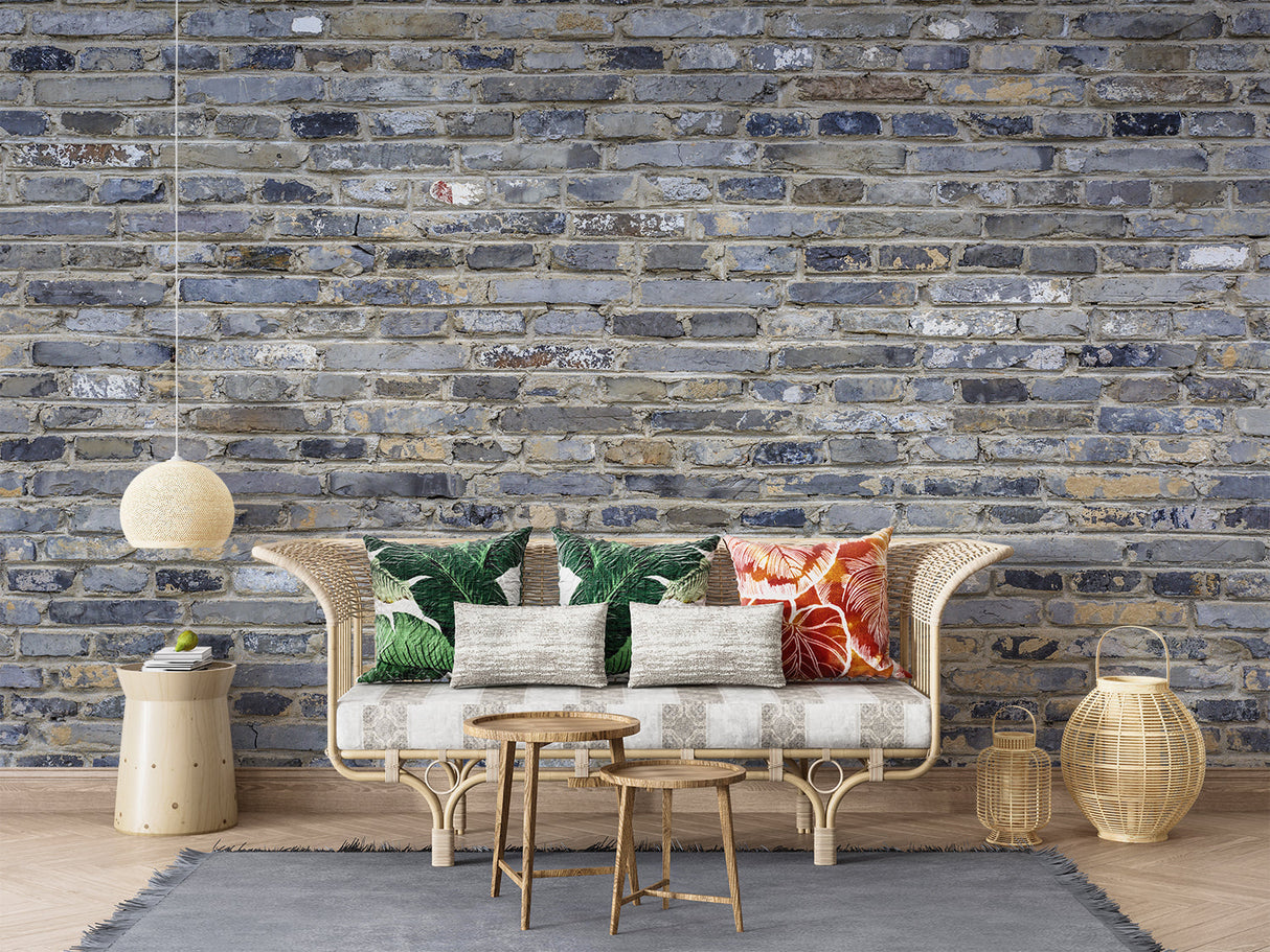 Grey stone wall mural in home office with industrial desk setup