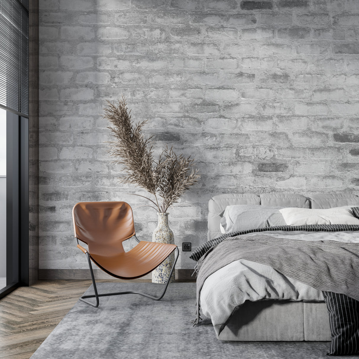 Industrial stone wallpaper creating focal point in minimalist bedroom