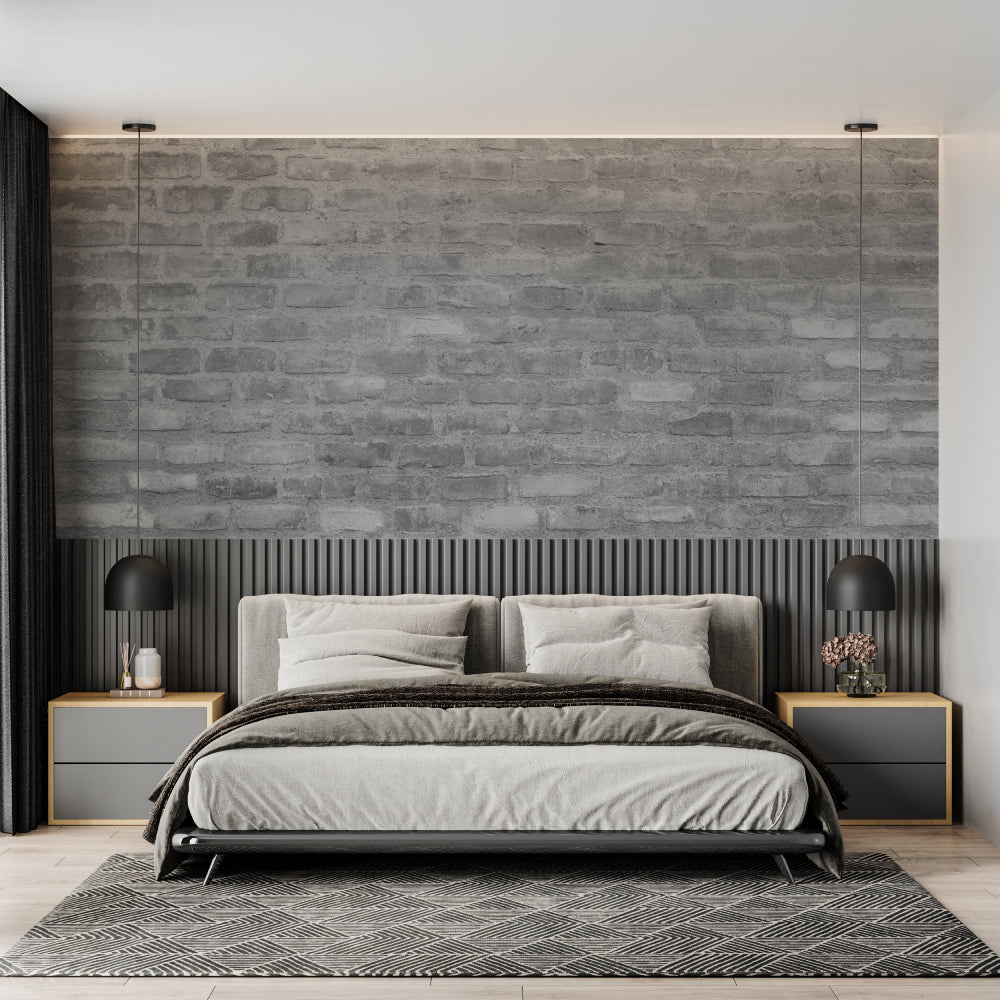 Industrial stone wall mural in urban loft kitchen with stainless steel appliances