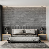 Industrial stone wall mural in urban loft kitchen with stainless steel appliances