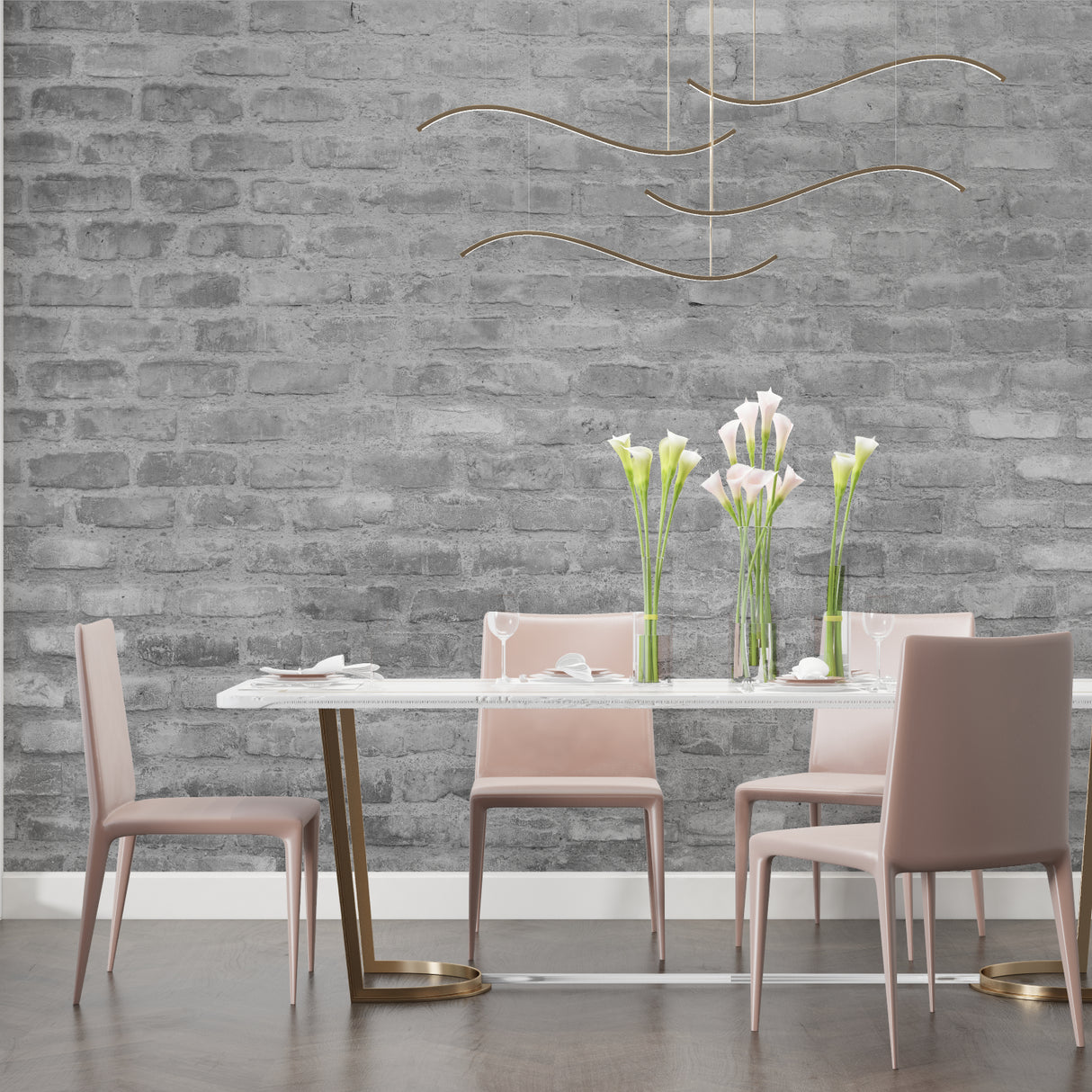 Stone effect wallpaper in dining room with pendant lights and wooden table