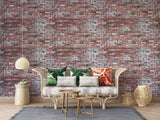 Industrial brick wall mural transforming a minimalist dining room with metal fixtures