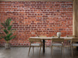 Red brick wallpaper creating an industrial accent wall in a modern living room with tall windows and concrete floors