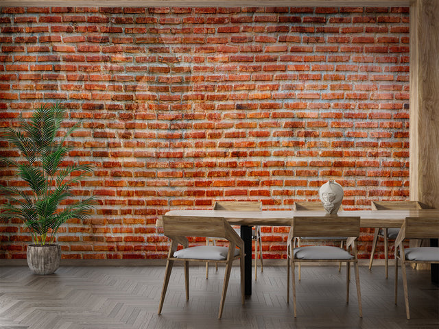 Brick wall mural in modern living room with leather sofa and industrial lighting