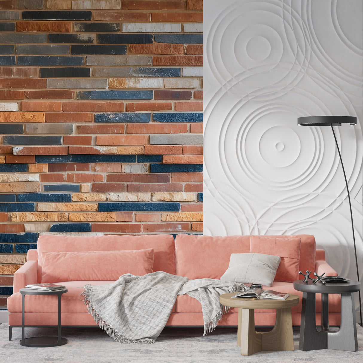 Industrial style home office featuring terracotta and navy brick wallpaper