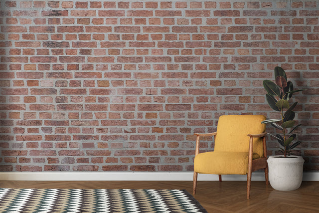 Brick effect wallpaper in modern living room showing warm terracotta tones and realistic texture