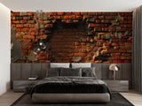 Terracotta brick effect wallpaper in dining room with contemporary furniture
