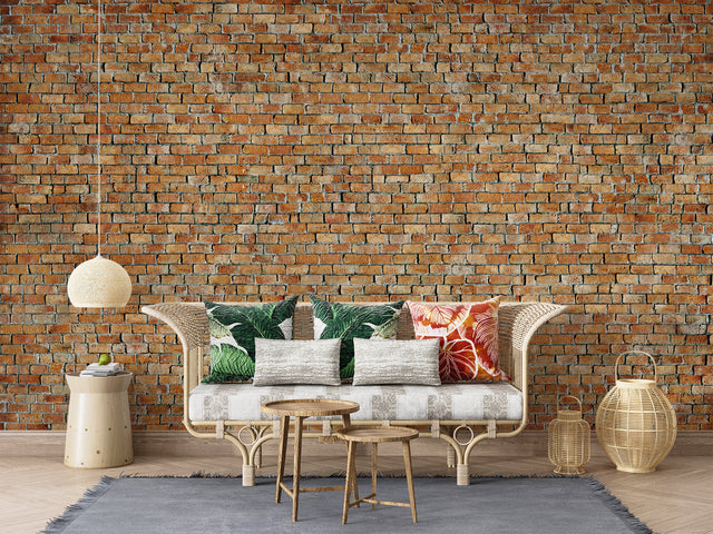 Brick wall mural in modern living room showcasing terracotta tones and industrial style