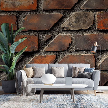 Industrial brick wallpaper creating a stunning accent wall in a modern loft living room with high ceilings