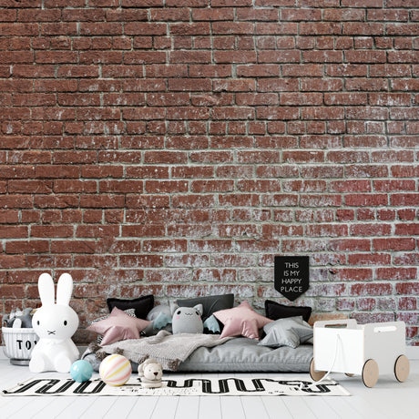 Red brick wallpaper in modern living room creating industrial loft atmosphere