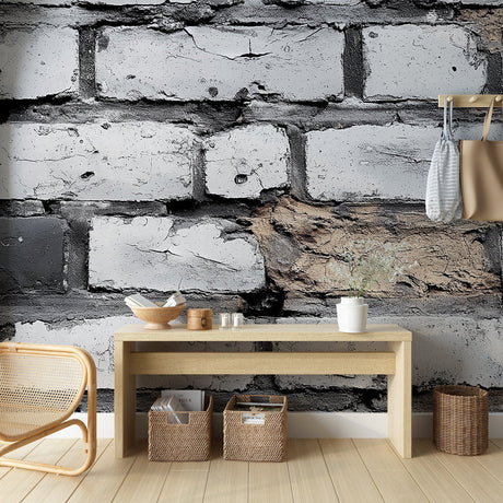Industrial white brick wallpaper creating a stunning accent wall in a modern loft living room with high ceilings
