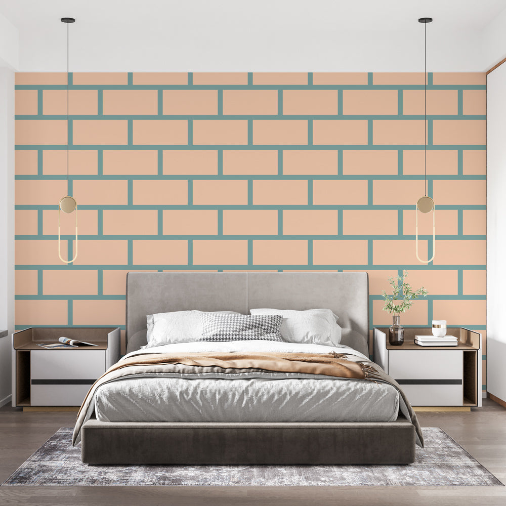 Modern brick pattern wallpaper in beige and sage tones styled in a bright contemporary living room with minimal furniture