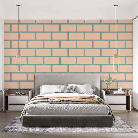 Modern brick pattern wallpaper in beige and sage tones styled in a bright contemporary living room with minimal furniture