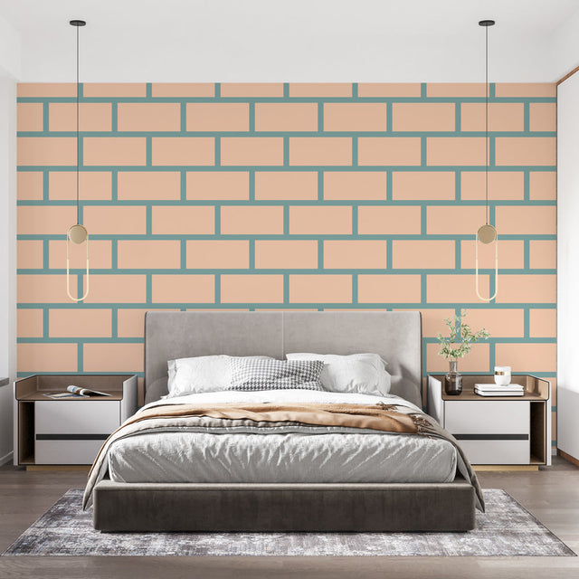 Modern brick pattern wallpaper in beige and sage tones styled in a bright contemporary living room with minimal furniture
