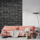 Modern black brick wallpaper in restaurant with exposed ceiling beams