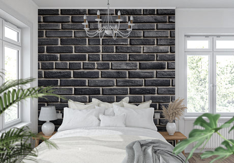 Modern black brick wallpaper in contemporary living room showing textured industrial design and natural lighting effects