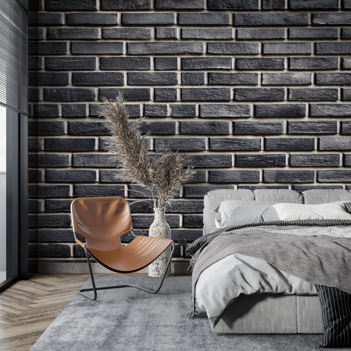 Industrial brick wallpaper creating feature wall in minimalist bedroom with urban style