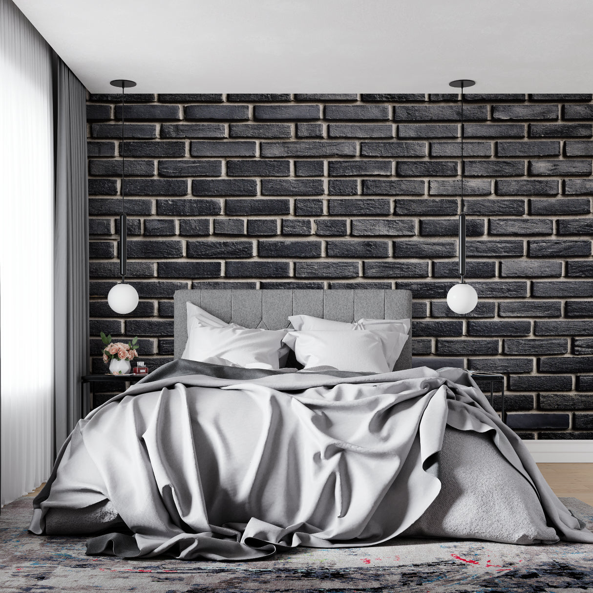 Black brick wall mural installation in modern home office showing depth and texture