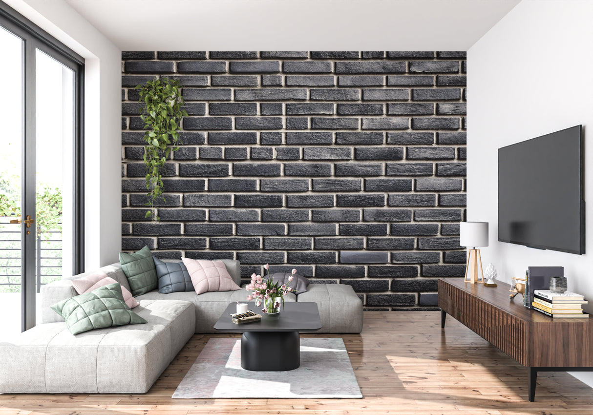 Modern brick wallpaper design in industrial kitchen highlighting contrast with white cabinets