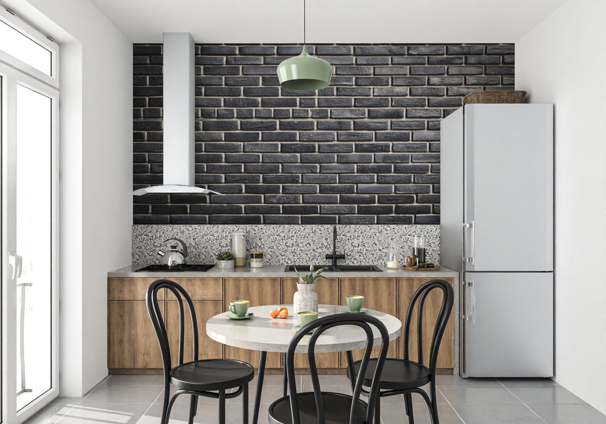 Black brick effect wallpaper in urban dining room showcasing 3D texture and shadows