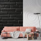 Contemporary kitchen featuring dark brick wall mural