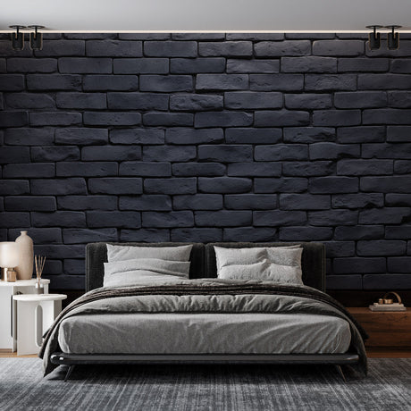 Modern black brick wallpaper in contemporary living room with gray sofa and industrial lighting