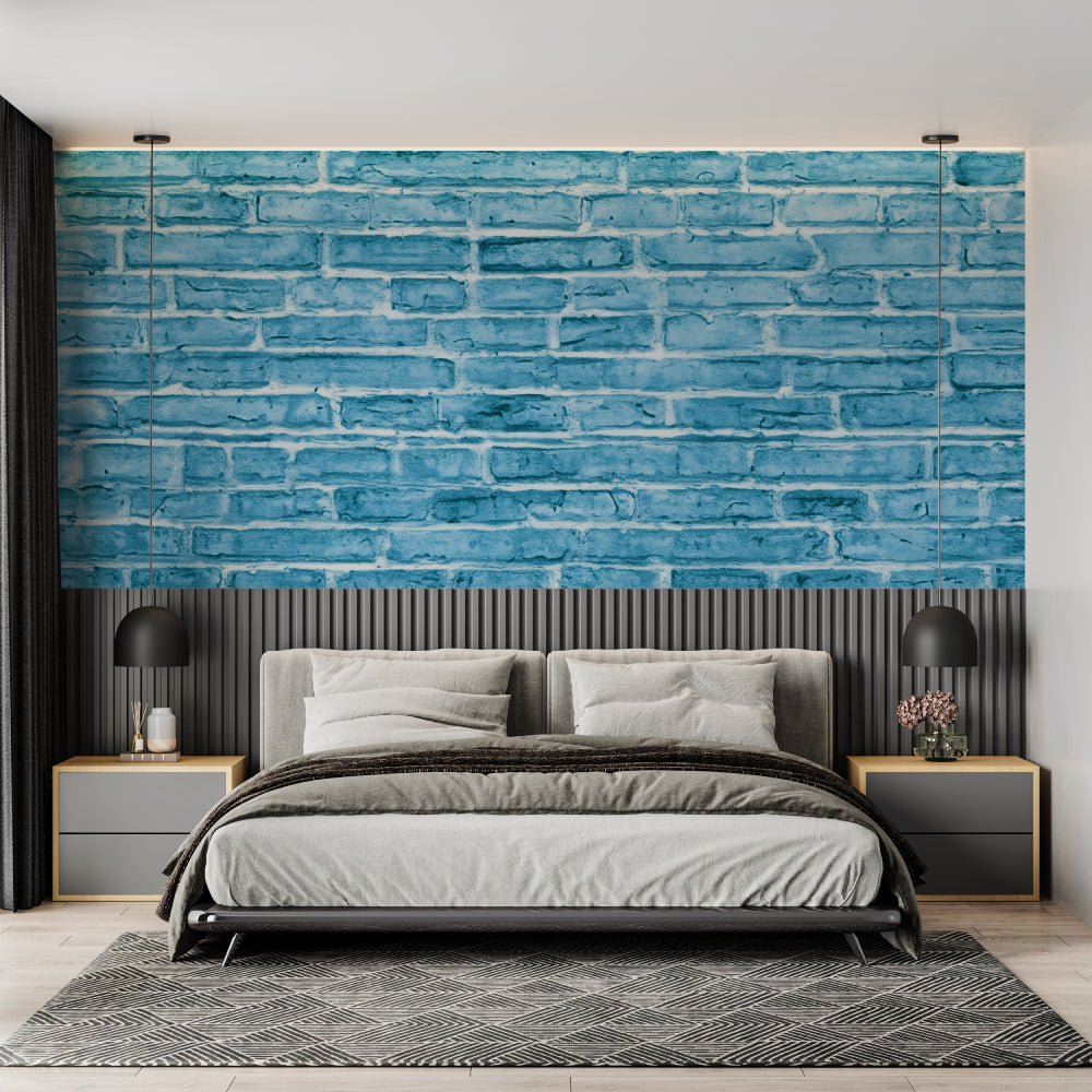 Modern blue brick wallpaper in a minimalist living room creating an urban industrial atmosphere