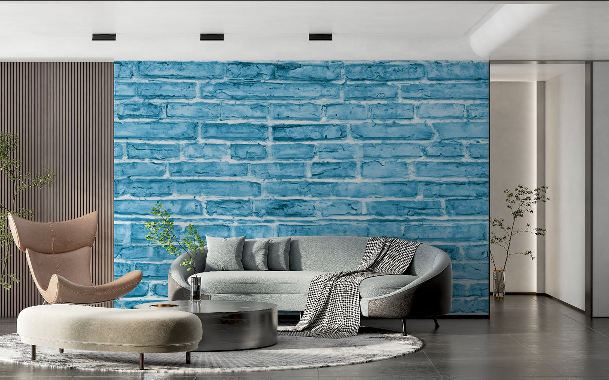 Blue brick wall mural in a modern office space showing depth and texture