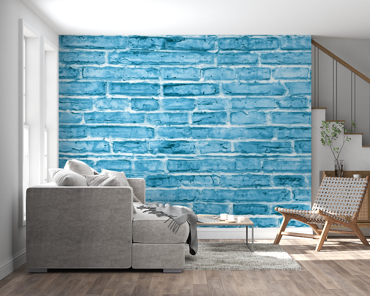 Industrial brick wallpaper featuring blue tones in a contemporary bedroom setting