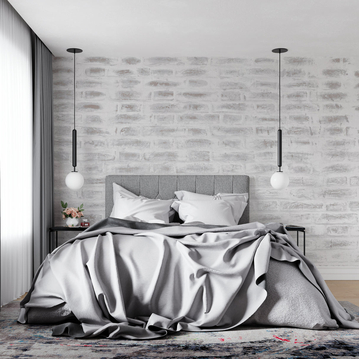 Grey brick wall mural creating depth in a modern home office space
