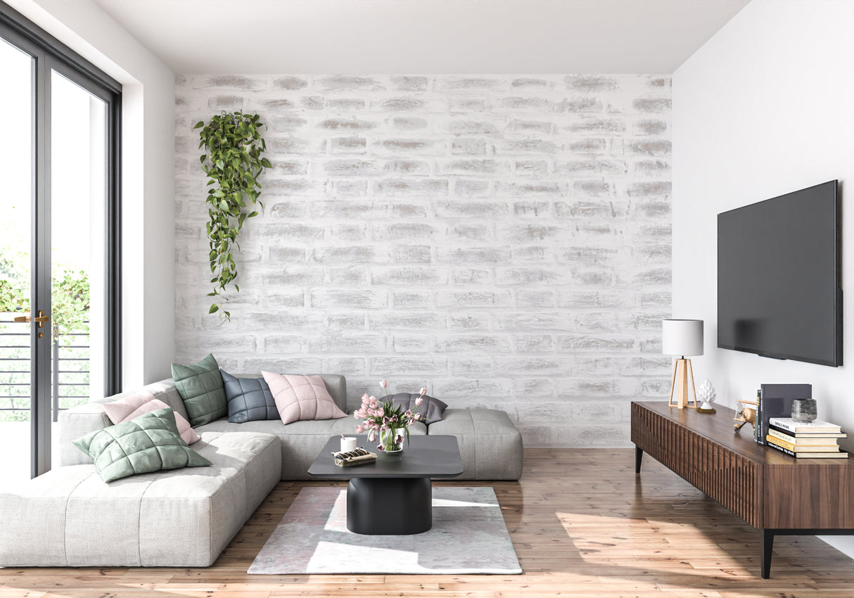 Industrial brick wallpaper pattern in a contemporary dining room setting
