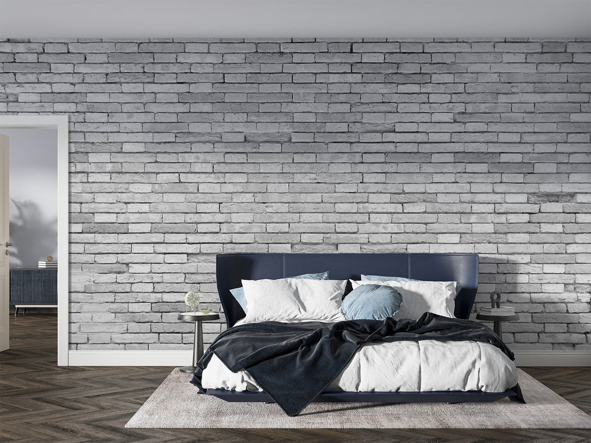 Modern grey brick wallpaper in urban loft bedroom setting