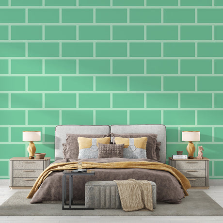 Modern mint green brick wallpaper in a bright living room setting, creating a fresh and open atmosphere