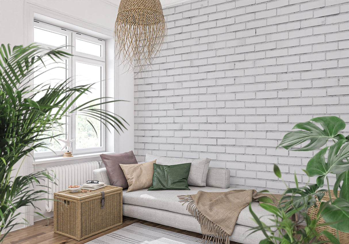 White and grey brick pattern in commercial space with modern lighting