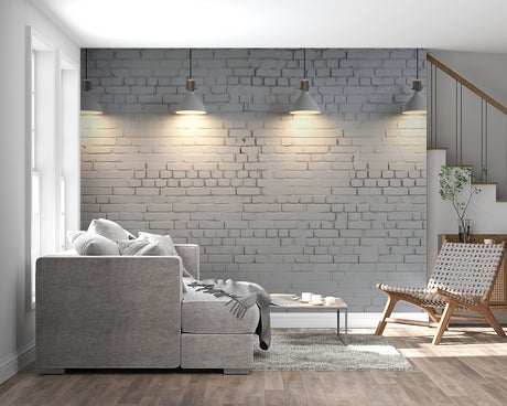 White brick wallpaper in modern minimalist living room showing industrial style and clean lines