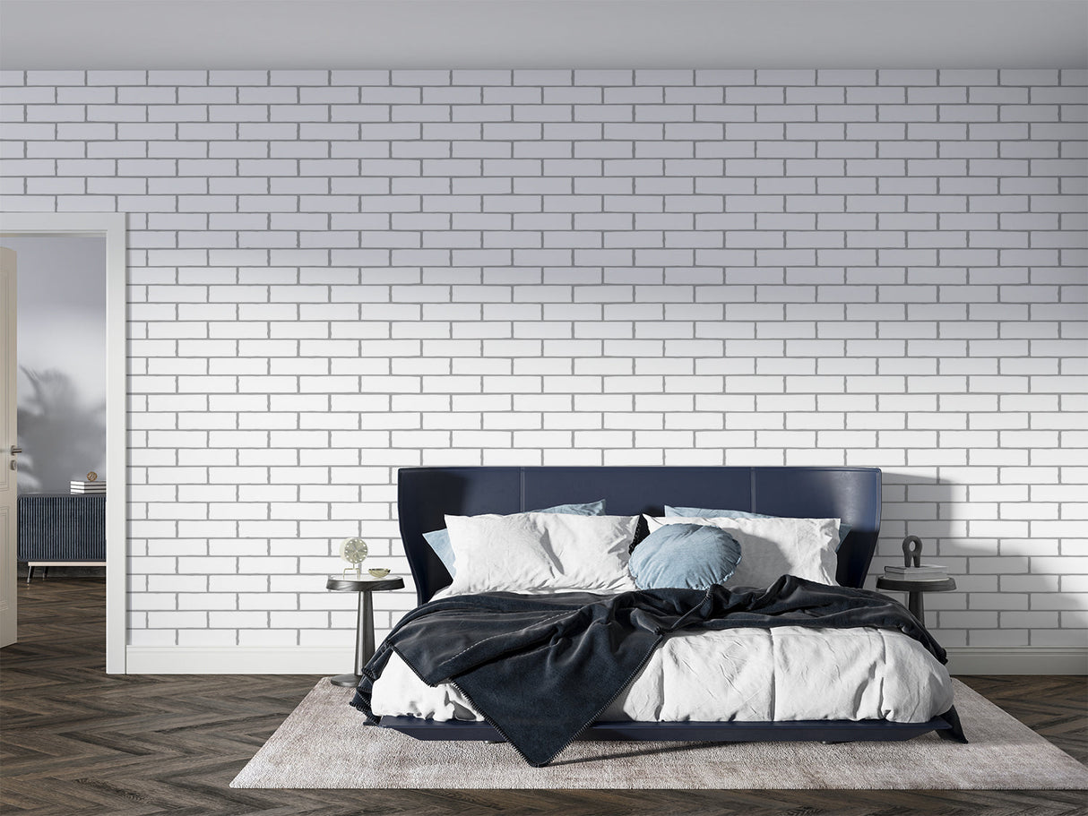 White brick mural wallpaper in modern living room showing clean industrial style and natural light