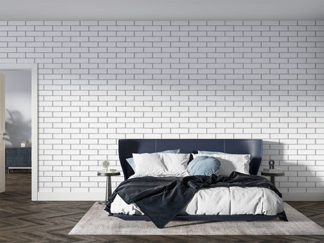 White brick mural wallpaper in modern living room showing clean industrial style and natural light