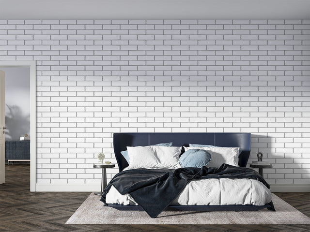 White brick mural wallpaper in modern living room showing clean industrial style and natural light