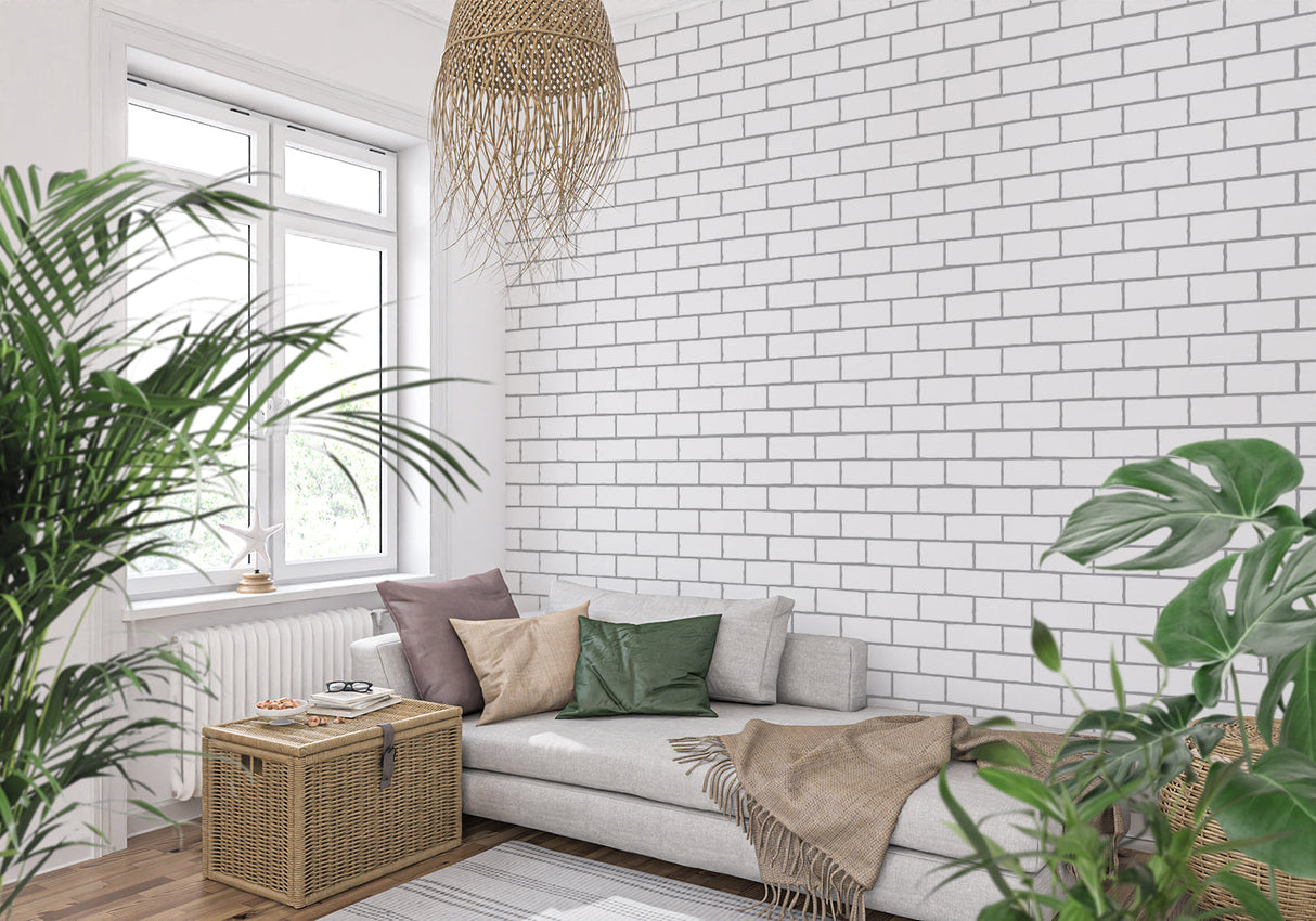 Industrial white brick mural enhancing modern kitchen design