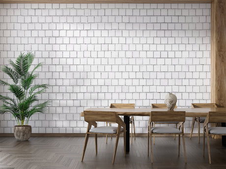 White brick wall mural in modern living room showing clean lines and natural texture
