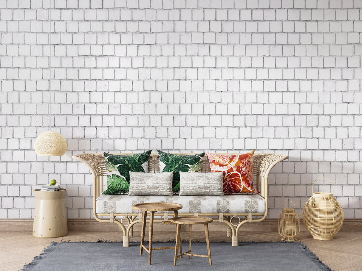 Contemporary kitchen featuring white stone wall mural creating bright, open feel