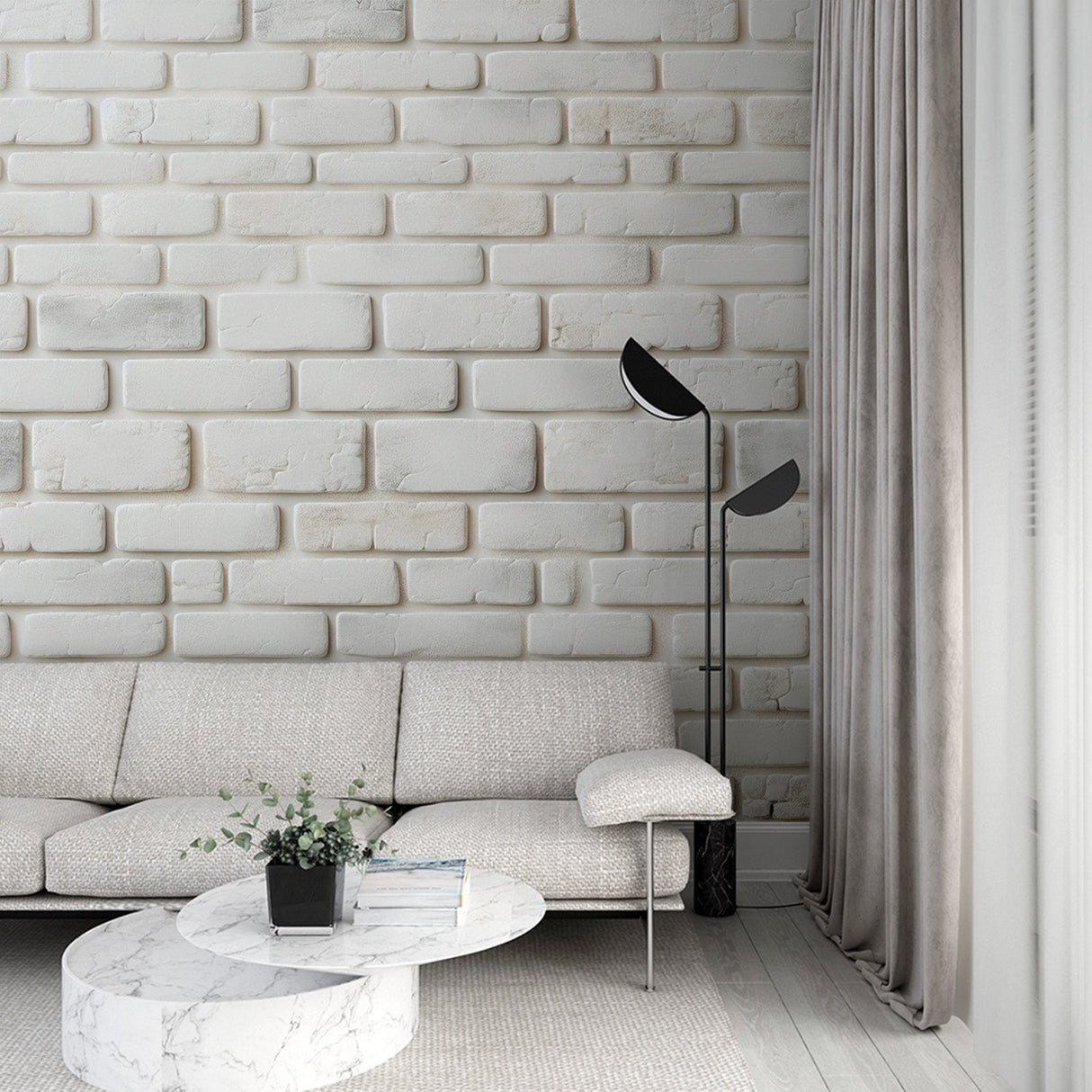 Modern white brick wallpaper creating a bright, airy atmosphere in a contemporary living room setting