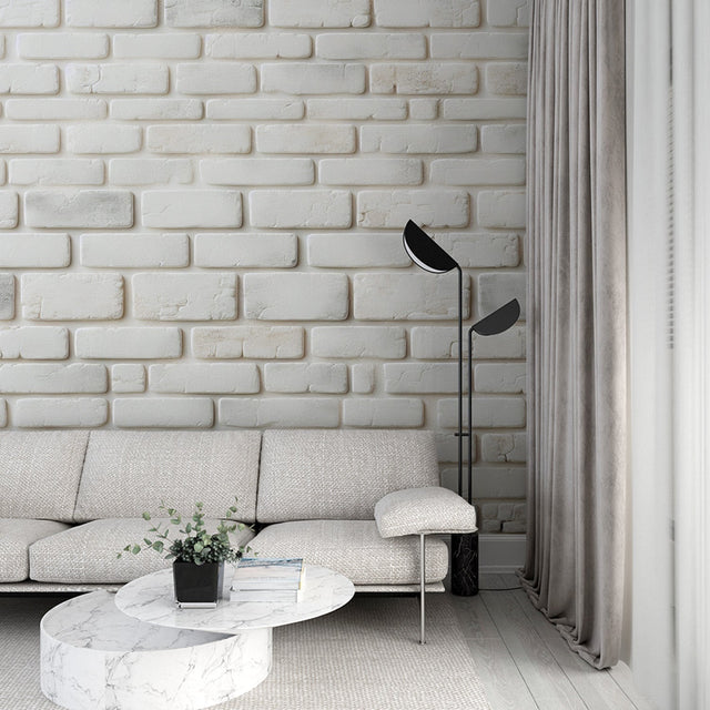 Modern white brick wallpaper creating a bright, airy atmosphere in a contemporary living room setting